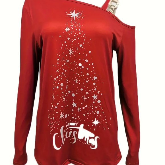 UP TO 50% OFF!! Christmas Chain Detail Tee Top, Casual Cold Shoulder Long Sleeve - Picture 2 of 3